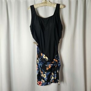 Lands' End One Piece Black Swimsuit With Sew on Pareo Floral Skirt Size 1X NWT